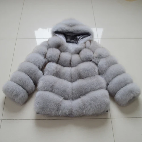 light gray Открытый Стиль, Женское зимнее плотное мягкое пальто с капюшоном из натурального Лисьего меха, куртка из натурального Лисьего меха, пальто с капюшоном из натурального Лисьего меха - Цвет: light gray