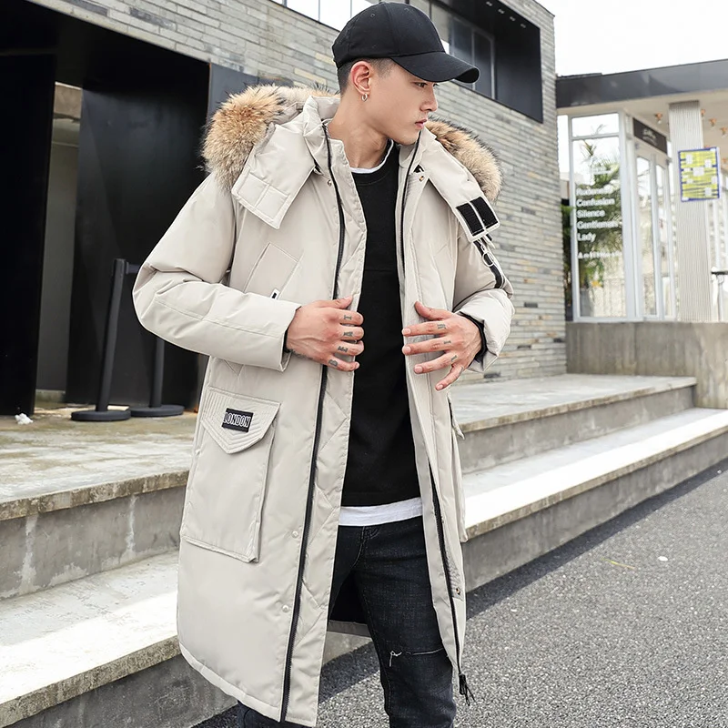 Korean Style Winter Long Parka Coat Men Woman Down Jacket Clothing Hooded Fur Collar Thicken Warm Leisure Lovers Overcoat Unisex