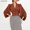 Mnealways18 Lantern Sleeve Womens Blouses And Tops Vintage Autumn Red Female Shirt V-Neck Elegant Breasted Draped Blouse Winter ► Photo 2/6