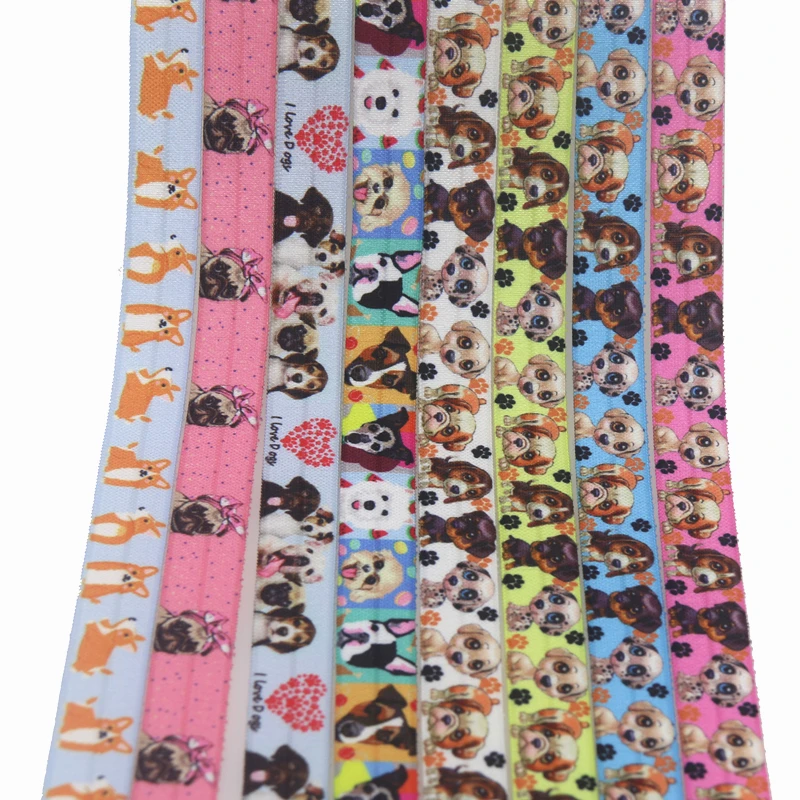 DHK 5/8'' 5yards dog printed Fold Elastic FOE stretch ribbon hairbow headwear headband DIY C1855