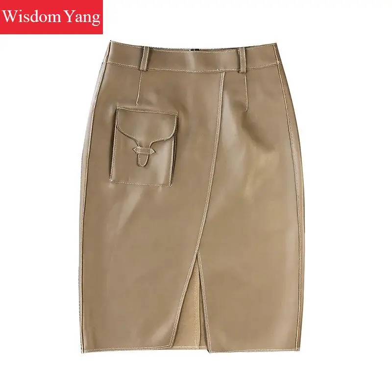 Genuine Leather Skirts Womens Sheepskin High Waist Midi Wrap Skirts