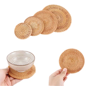 

1Pcs Round Natural Rattan Coasters Bowl Pad Handmade Woven Placemats Table Padding Cup Mats Kitchen Decoration Accessories