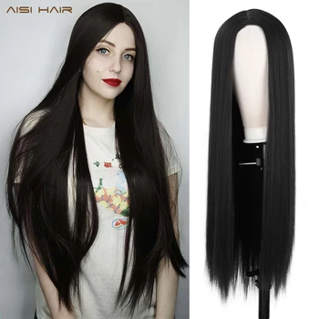 

AISI HAIR Long Straight Wig Natural Balck Color Hair Middle Part Synthetic Wigs for Women Daily Use Wig Long Hair Wig 26Inch