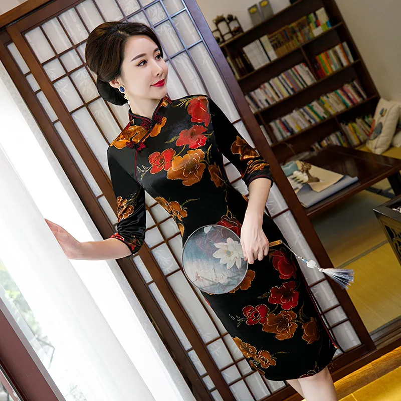 1703 Большие размеры 4XL новое поступление винтажное велюровое платье Cheongsam с коротким рукавом сексуальное женское официальное короткое платье с цветочным принтом воротник-стойка Qipao - Цвет: 1703