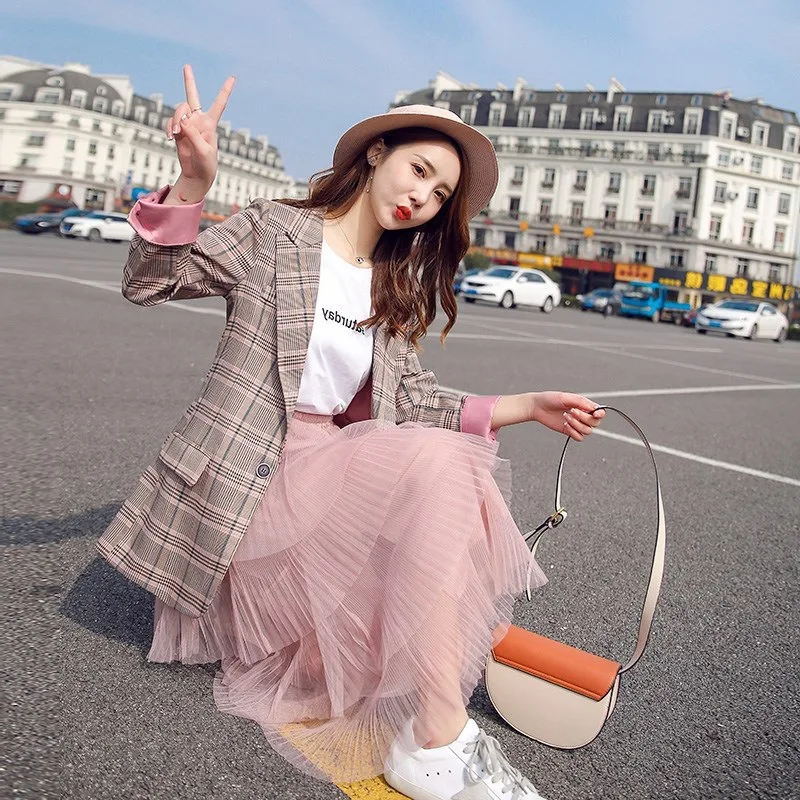 

Suit Jacket Women's 2019 New Style Korean-style Turn Sleeve Casual Versatile CHIC Popular Grid Red Suit