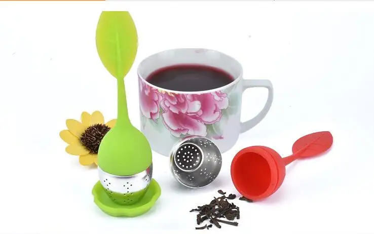 

200pc/lot Leaf Silicone Tea Infuser withe Food Grade make tea bag filter creative 304 Stainless Steel Tea Strainers