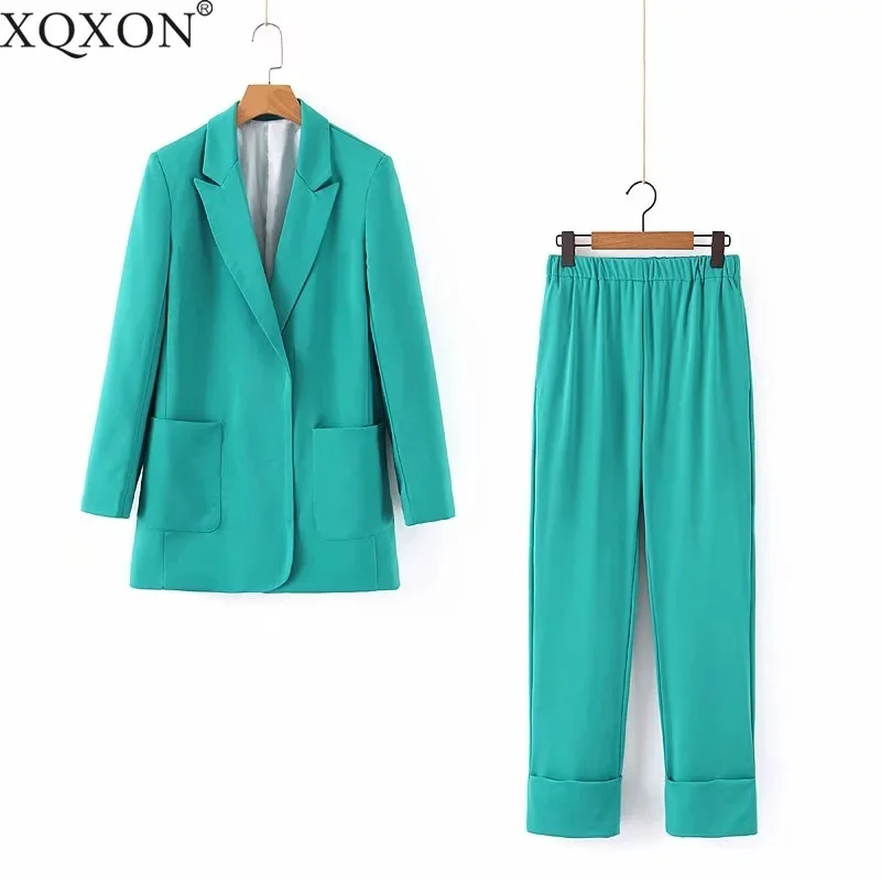 

2019 Autumn Two Piece Suit Set Lady Formal Blazer Jacket Women Straight Pant Suits Green Office Sets Business