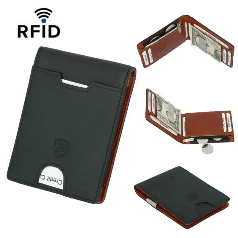 

Slim Minimalist Front Pocket Blocking Card Genuine Leather Wallets Money Clip Credit Card Slots Coin Holder for Men