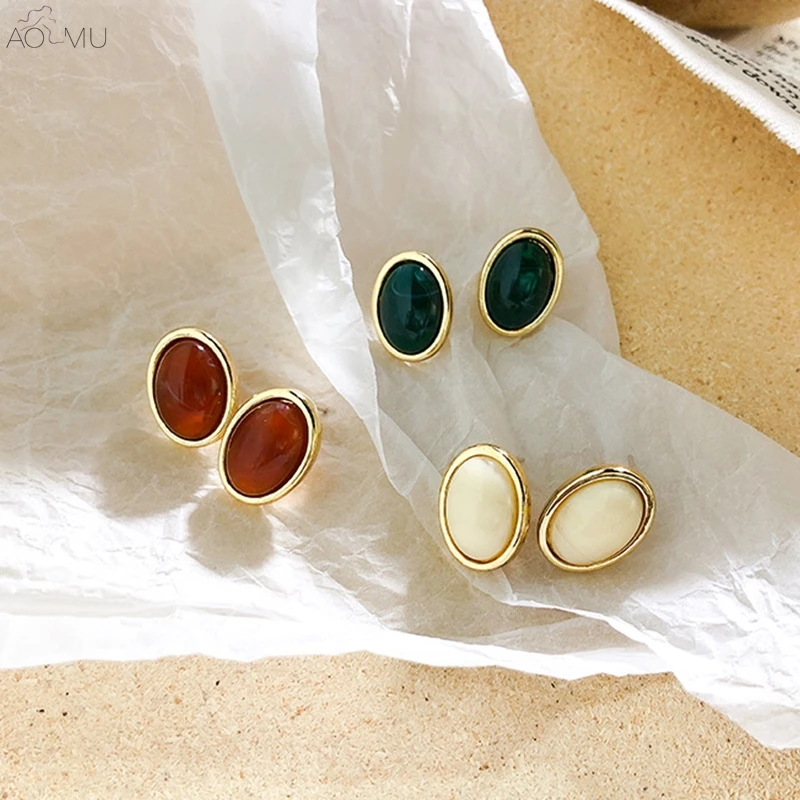 

AOMU Simple S925 Sterling Silver Pin Vintage Resin Geometric Oval Stone Color Stud Earrings for Women Girl Party Gift Jewelry