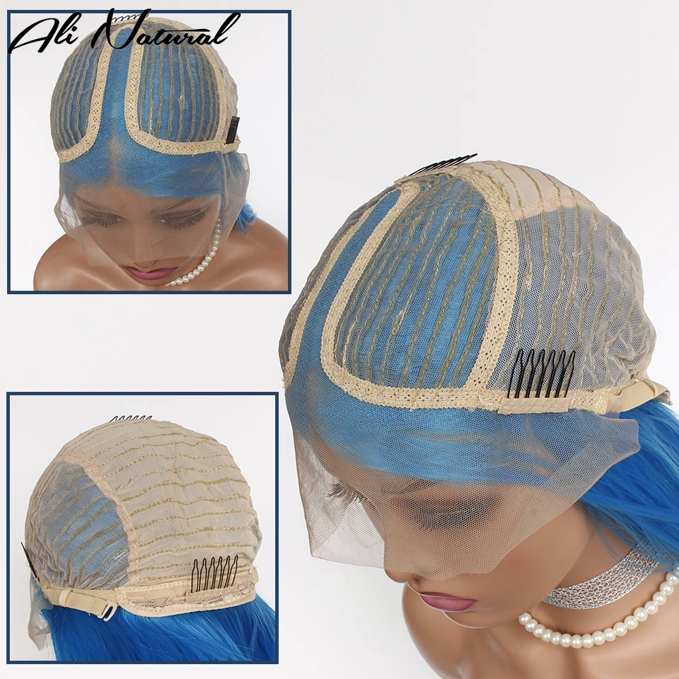 Peruca frontal de renda sintética para mulheres negras, peruca reta azul clara, T Glueless Part, cabelo de bebê, fibra 22