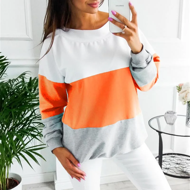 02 Orange Fanbety, Женская Осенняя Лоскутная Толстовка, зимние пуловеры с длинным рукавом, толстовки, повседневные, с круглым вырезом, уличная одежда, спортивный костюм, топы, S-XXL - Цвет: 02 Orange