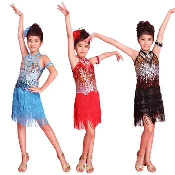 

2020 Hot Kids Girl Fringe Latin Dance Dress Tango Sequin Latin Dance Costume 6-12Y
