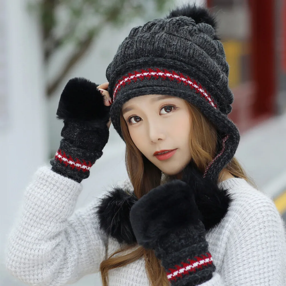 2 шт., шапка и перчатки, Женская Зимняя вязанная теплая шапка, шапка бини, зимняя шапка s для женщин, корейский стиль, женские шапочки с помпоном, шапки бини - Цвет: B