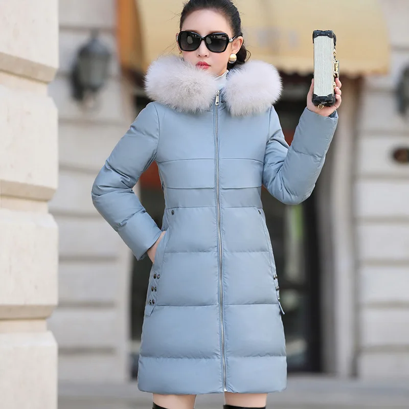 

PU Leather Cotton Coat Women's Mid-length 2019 Winter New Style Korean-style Slim Fit Thick down Coat Cotton-padded Clothes Larg