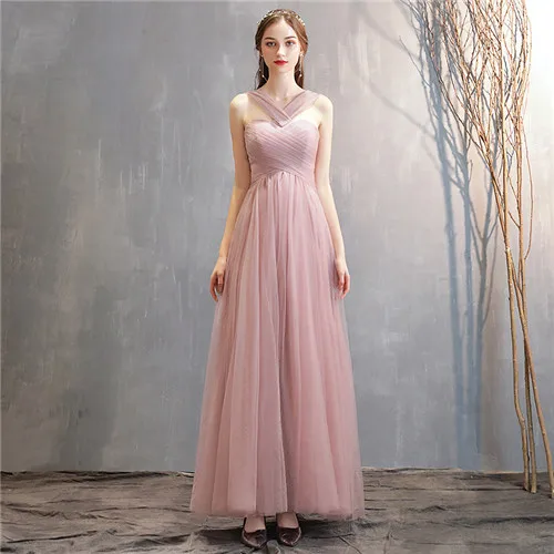 Beauty Emily V Neck Long Bridesmaid Dress Lace Up Back Strapless Elegant Tulle Party Dress For Wedding Vestido de dama de honor - Color: Pink F