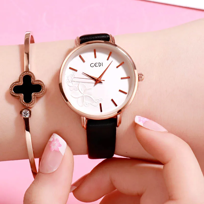 GEDI женские часы, ультра-тонкие кварцевые часы, простой стиль, деловые часы, женские часы с кожаным ремешком, женские наручные часы, Reloj Mujer - Цвет: Black
