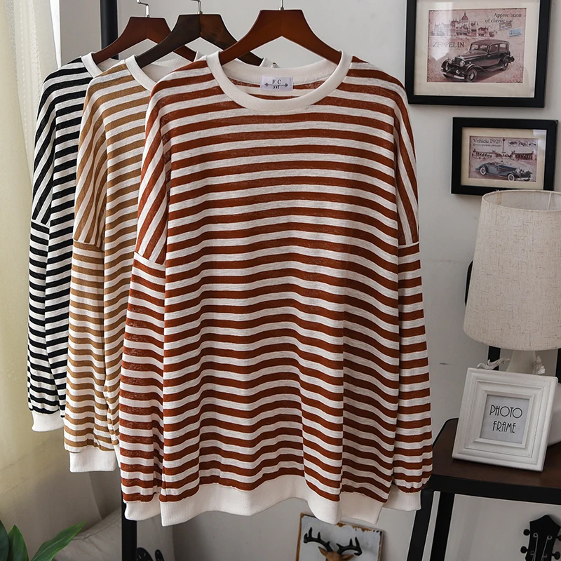 

Fall Striped T Shirt Women Long Sleeve Fashion Female Oversize Knitted Hoodie Pullovers Female Loose Basic Tops Plus Size