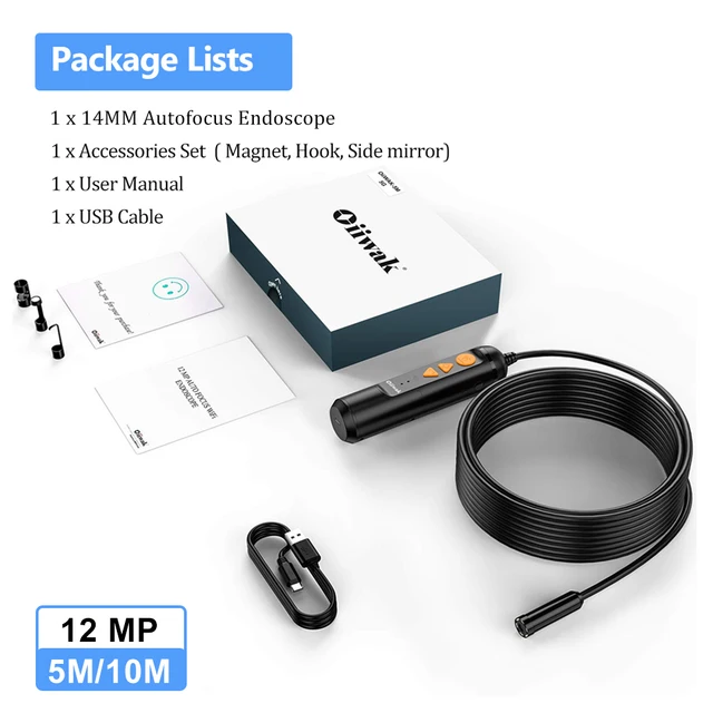 Oiiwak 12MP Car Endoscope  Autofocus WiFi Endoscope Mini Camera 5X Zoom Camera Endoscope for Android IOS Underwater Camera 14mm WiFi Endoscope