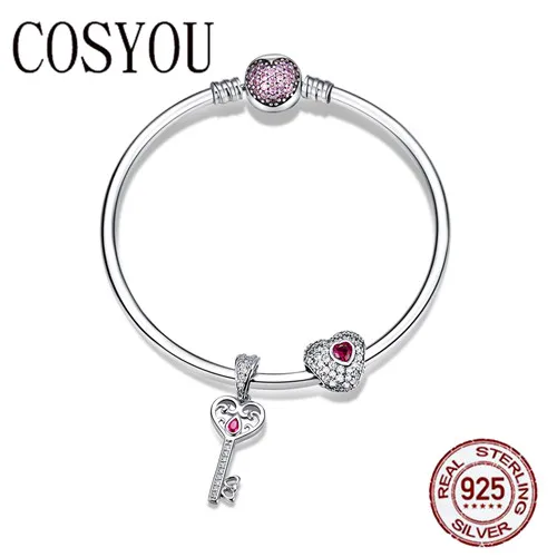 

COSYOU 2019 Authentic 925 Sterling Silver Sweet Heart Love Key Shape Charm Bracelets for Women CZ Sterling Silver Jewelry SCB817