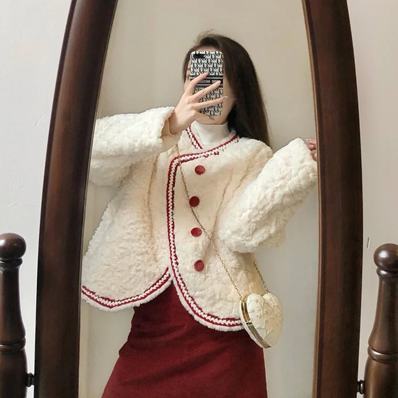 

Женский комплект из 2 предметов в стиле ретро, осенне-зимняя куртка из меха ягненка и красная юбка А-силуэта на бедрах, Женский костюм на Новый год и Рождество