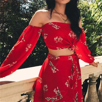 

New Hot Summer 2 Two Piece Set Women Sexy Off Shoulder Ruffles Tops Skirts Set Floral Print Female Casual Holiday Outfits