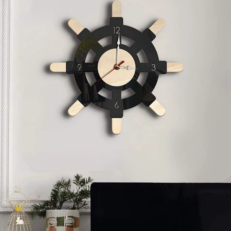 

NEW-Nautical Wood Wall Clock Creative Rudder Nordic Style Silent Transparent Acrylic Clock Sailboat Steering Wheel Helm Decorati