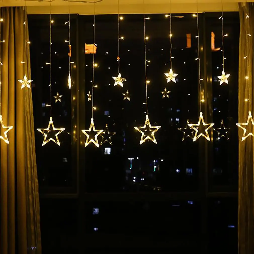 

115 LEDs Star Shape Curtain Light Warm White 8 Function Timing 6-18H Curtain Light Suitable For Home Bedroom Decor Drop Shipping