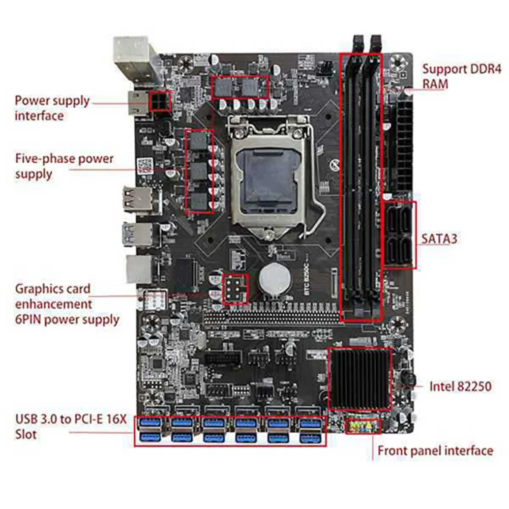 B250 BTC12P Mining Machine Motherboard Pcie 12XUSB Multi-Graphics Card LGA1151 DDR4 RAM SATA Mining Computer Motherboard computer mother board