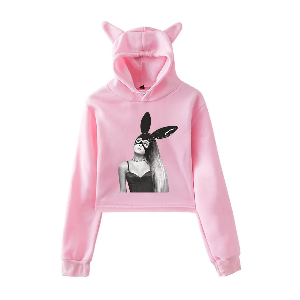 Cotton Pink Hoodie Crop Sweatshirts Cat Ear Hat High Waist Woman Pattern Printing Womens Clothing Streetwear 2019 | Женская одежда