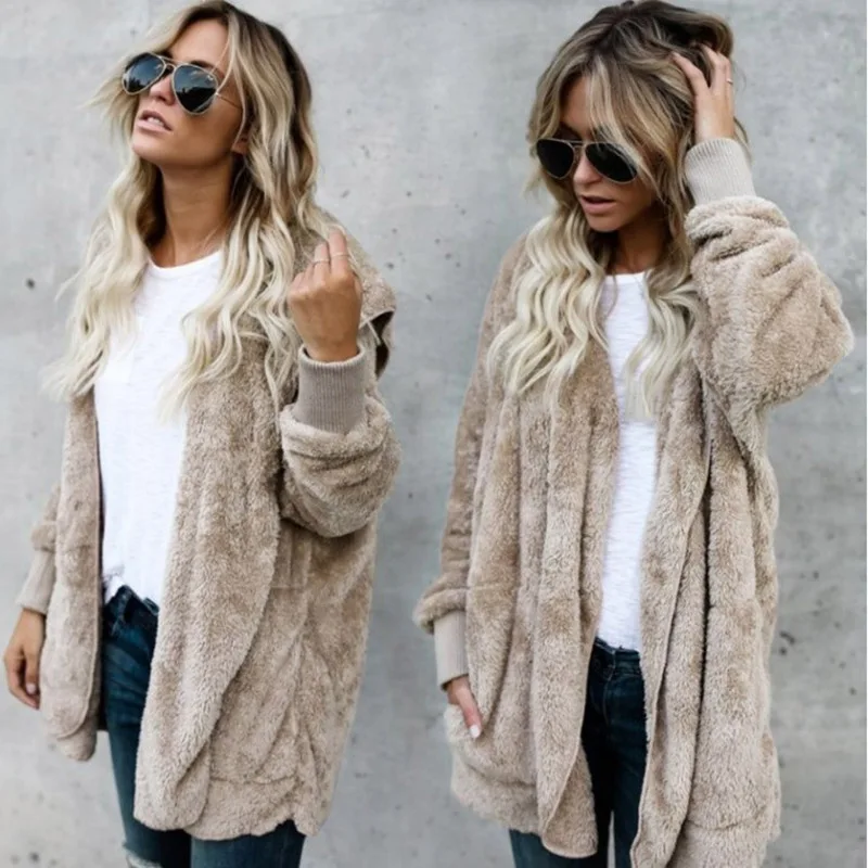 

Winter Women Casual Fur Cardigans Jacket Fluffy Oversized Loose Long Warm Outwears Pockets Female Sweaters Coat S-XXXL
