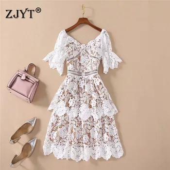 

2020 Summer Clothes for Women High Quality Runway Dress Short Sleeve Fashion Hollow Our Embroidery Water Soluble Lace Dress Sexy