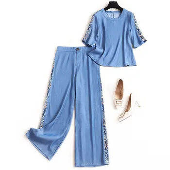 

Summer Two Piece Outfits 2020 High Fashion Lady Short Sleeve Denim Top and Wide Leg Pants Suit Matching Set Casual Female