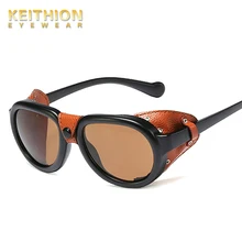 KEITHION PU кожаная оправа панк Солнцезащитные очки для мужчин люксовый бренд стимпанк круглые очки Женские винтажные кнопка-заклепка солнцезащитные очки