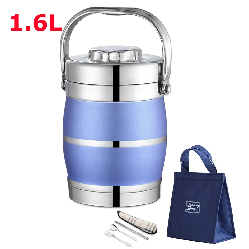 1.6L Blue and Bag 1,4-л вакуумный Ланч-бокс из нержавеющей стали Термос тепловой контейнер для еды офисный детский студенческий для школьных Бенто-бокс розовый большой мешок - Цвет: 1.6L Blue and Bag