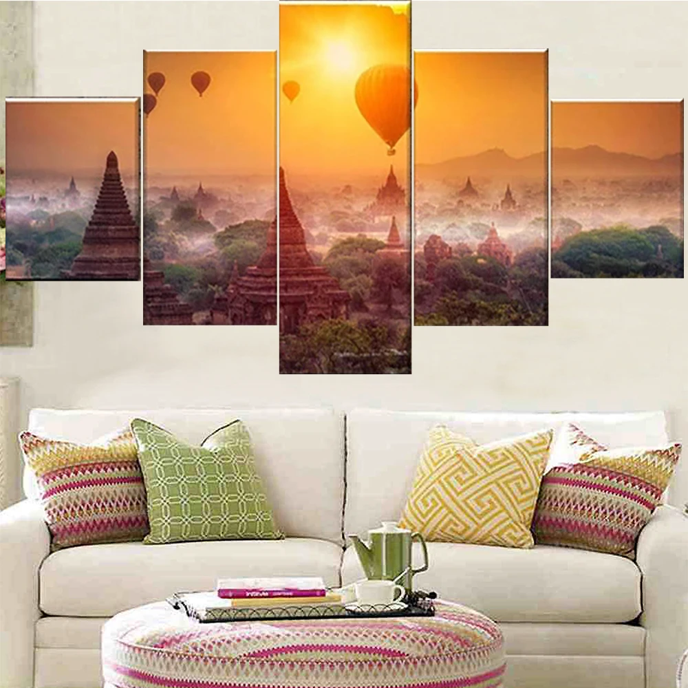 

5 Pieces Wall Art Canvas Painting Morning Sunrise Landscape Poster Hot Air Balloon Modern Home Decoration Modular Pictures