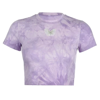 

Women Tie Dye Crop T-Shirt, Crew Neck Navel Crop Top Tees Shirts (Purple, S M L)