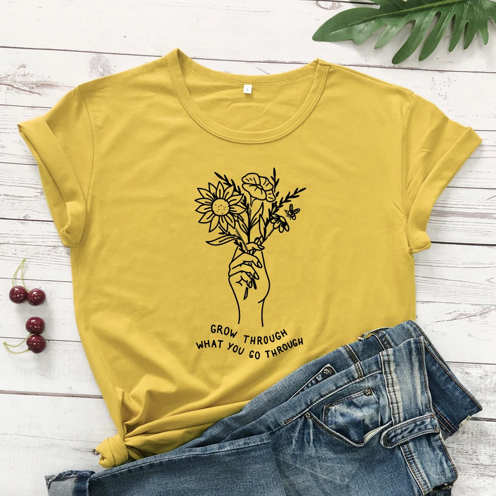 Летние расти через то, что вы проходите футболки Винтаж Цветочный принт футболка Топ Для женщин Crewbeck крафический Tumblr из хлопчатобумажной ткани, раздел-футболки