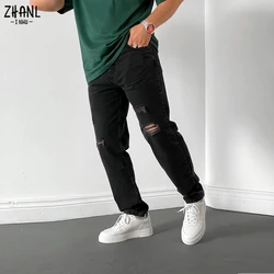 Pantalones vaqueros rasgados de tiro medio para hombre, Jeans largos de lápiz, cómodos, sueltos, de marca, Color puro