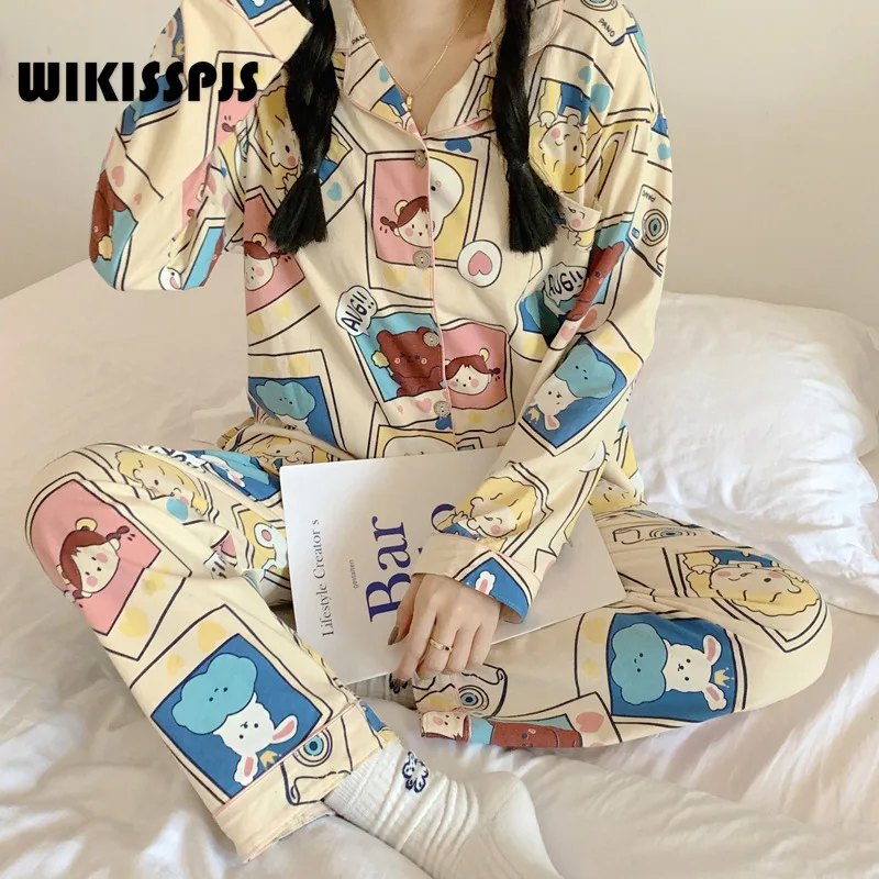 

Pajama Girl Spring Autumn Long Sleeve Korean Student Girl Cartoon Lovely Leisure Two-piece Suit Home Clothes Kawaii Loungewear