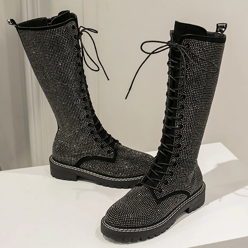 

Rimocy Platform Silver Crystal Long Boots Women Autumn Winter 2019 Cross Strappy Knee High Boots Female Zip Glitter Shoes Woman