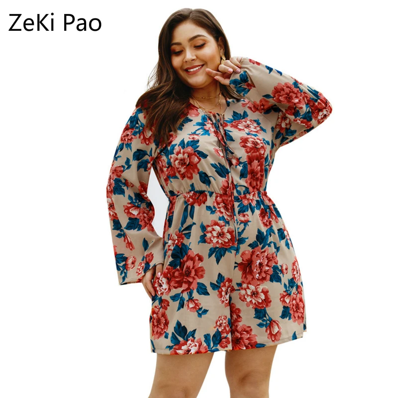 

Sexy Spring and Summer Women's Flower Print Lace Up V-Neck Long Sleeve Jumpsuit Elastic Waist Plus Size One Piece Shorts 4XL