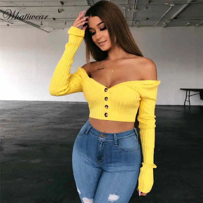 Yellow Whatiwear, женский укороченный топ, жилет, сексуальные тонкие женские топы с бюстгальтером без косточек, на пуговицах, с открытыми плечами, Женская майка Blsusas - Цвет: Yellow