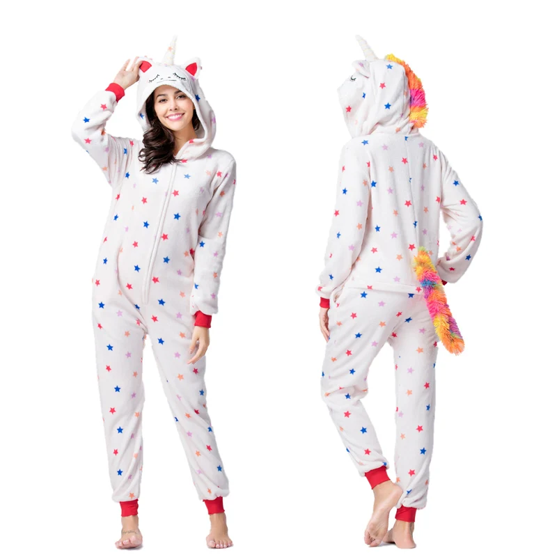 White Stars Unicorn Зимние мягкие женские животные единорог панда пижамы onesies фланелевые стежка с капюшоном пижамы взрослые мужчины женщины рождественские пижамы домашний костюм пижама женская ночнушка - Цвет: White Stars Unicorn