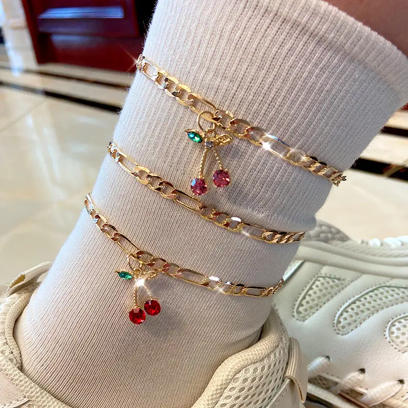 JUST FEEL 2Pcs/Set Cute Cherry Anklets Bracelets For Women Multicolor Crystal Anklet Summer On Foot Barefoot Sandals Jewelry JUST FEEL 2Pcs/Set Cute Cherry Anklets Bracelets For Women Multicolor Crystal Anklet Summer On Foot Barefoot Sandals Jewelry