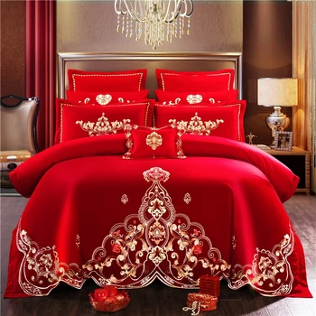 

Wedding Bed cover Satin embroidery bedding set Red bed Cover Cotton Festive Duvet Cover Pillowcases Queen King Size