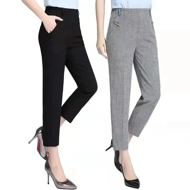Popularity 5XL Mother's Cotton Linen Pants 2022 Summer Middle Aged Women High Waist Straight-leg Pants Casual Calf-Length Pant