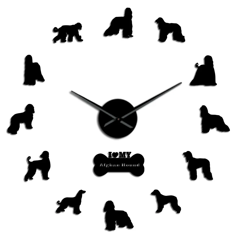 Afghan Hound Dog Breed Large Wall Art Stickers Puppy Dog Pets Decorative Big Wall Clock Silent Movement Hanging Clock Wall Watch - Цвет: Black