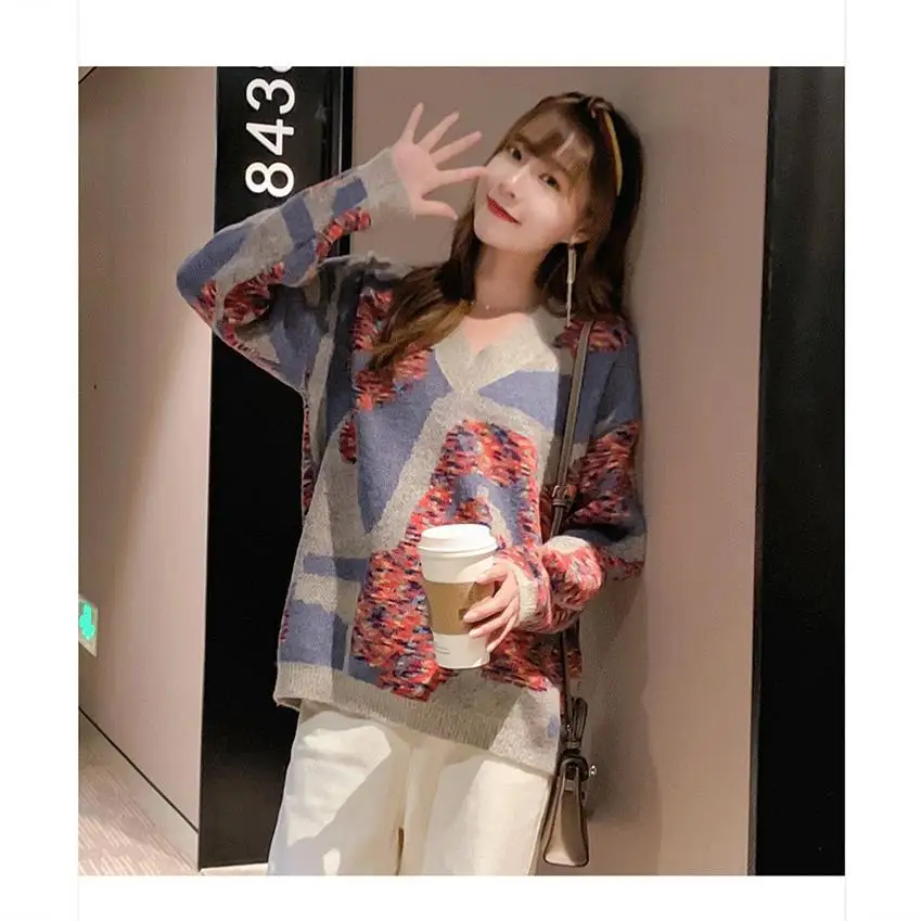 Skup Netto czerwony sweter nadruk retro super bajkowe top sweter żeński sweter V neck długa koszula zachodnia jesień i zima koreański v