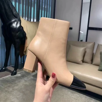 

Women Genuine Leather Apricot Stitching Black High-heel Zipper Short Boots Round Toe Women