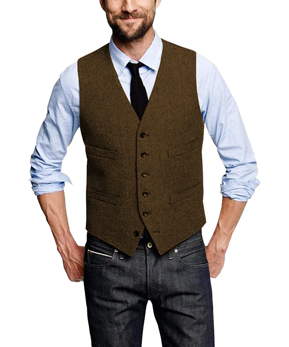Dark Brown Бургундия шерсть жениха Жилеты страна елочка твид slim fit Свадебные вечерние для мужчин наряд жилет жениха выпускной - Цвет: Dark Brown
